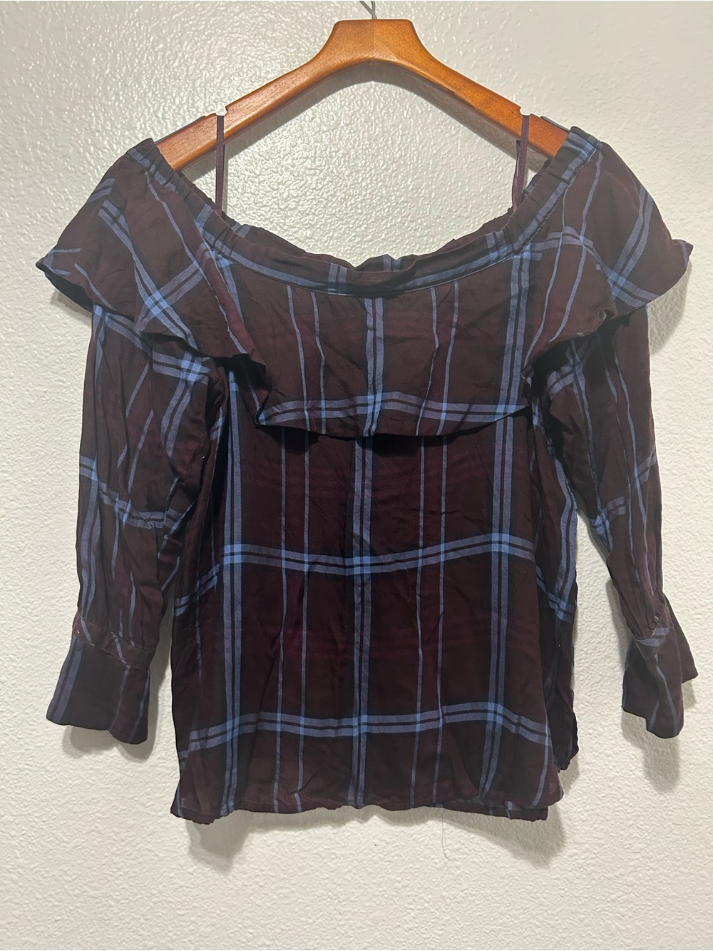 LOFT Off-Shoulder Plaid Ruffle Top - Blue on Dark